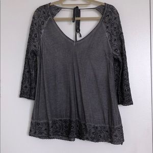 Gray lace tunic top with open/tie back